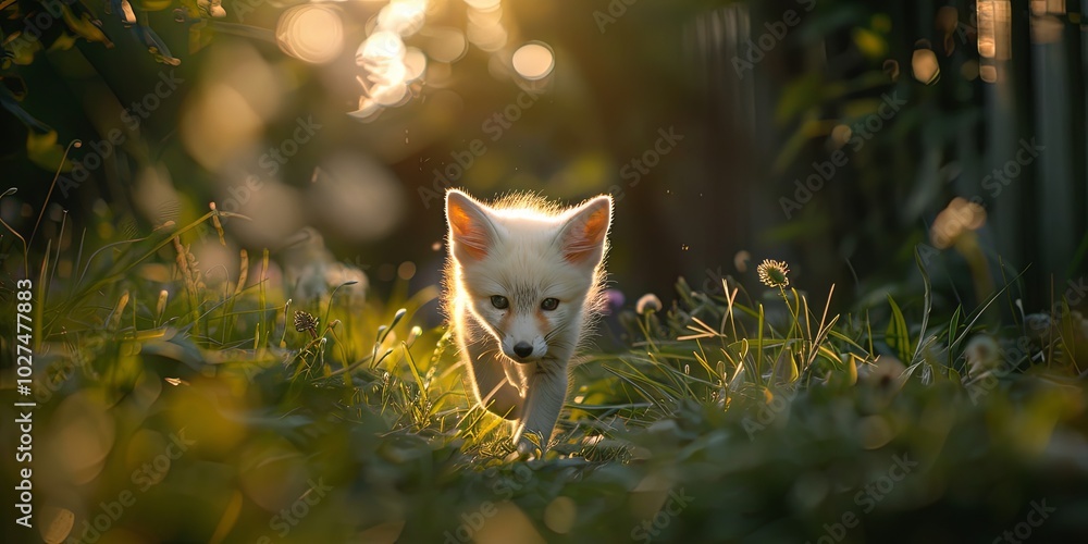 Fototapeta premium A white fox kit walks through tall grass with the sunset behind it.