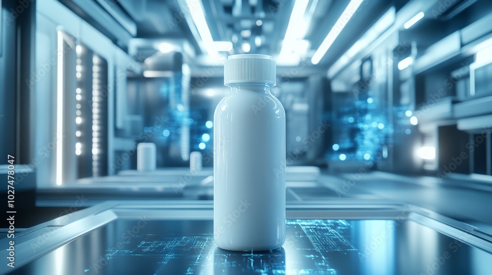A white bottle stands out in a high-tech futuristic setting, surrounded by digital and metallic elements, representing innovation and advanced technology. A white bottle stands out in a high-tech futuristic setting, surrounded by digital and metallic elements, representing innovation and advanced technology.