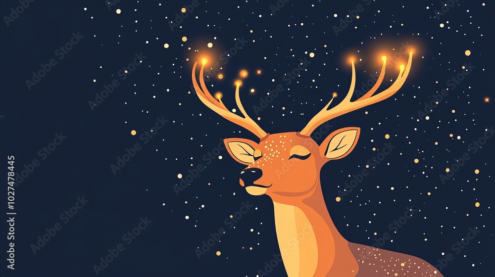 A stylized deer with glowing antlers against a dark blue starry background. A stylized deer with glowing antlers against a dark blue starry background.