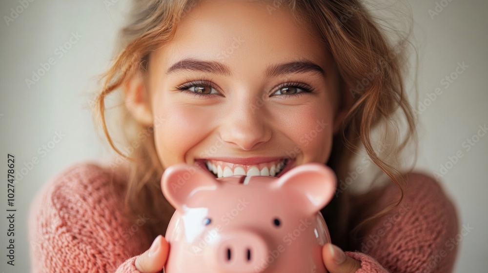 A delightful portrait of a girl joyfully smiling while holding a pink piggy bank, representing savings and a bright financial future with optimism. A delightful portrait of a girl joyfully smiling while holding a pink piggy bank, representing savings and a bright financial future with optimism.