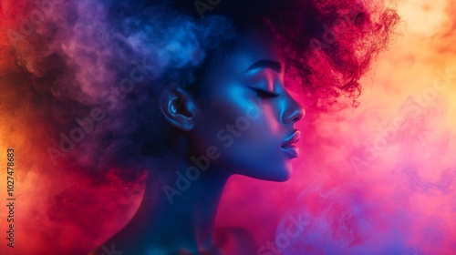 A mesmerizing silhouette of a woman is surrounded by swirling, vibrant clouds of colored smoke, blending deep blues and fiery reds, creating a dreamlike atmosphere.