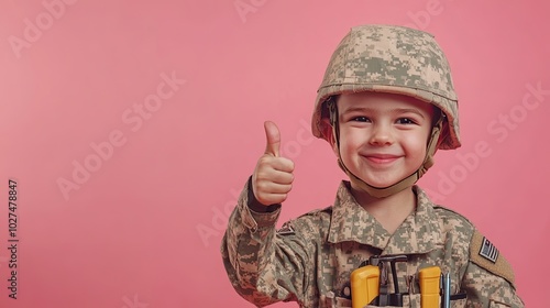 Cute Child in Military Costume with a Cheerful Smile photo