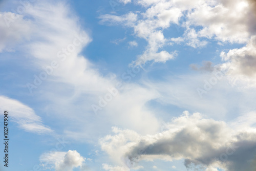 Soft gentle blue sky with light clouds. Calm texture. Nature abstract background. Fresh air, weather and freedom concept.