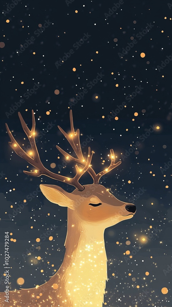 Fototapeta premium A magical deer with glowing antlers stands against a dark blue starry background.