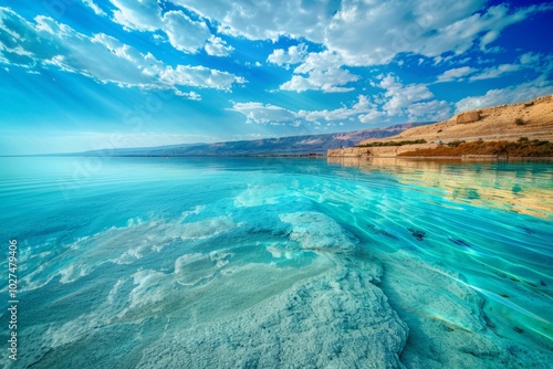 Beautiful Dead Sea beach with lots of salt and minerals