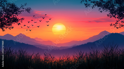 Vibrant sunset over mountains with birds flying