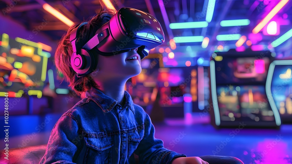 Boy Immersed in Virtual Reality Gaming. Boy Immersed in Virtual Reality Gaming.