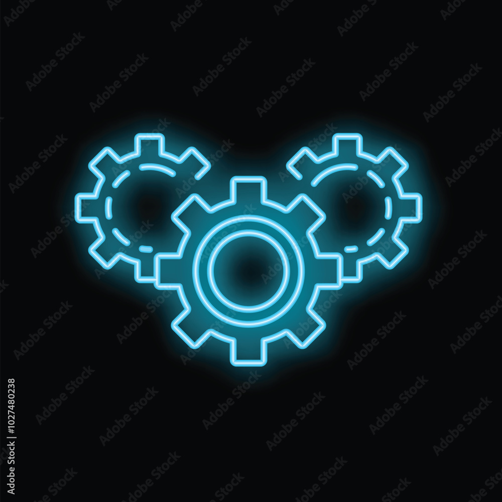Neon icon of three gears working together glowing on a black background Neon icon of three gears working together glowing on a black background
