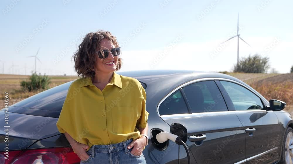 Woman with curve hairs wearing yellow shirt and sunglasses stands next to charging electric car. Wind turbines in the background. Woman with curve hairs wearing yellow shirt and sunglasses stands next to charging electric car. Wind turbines in the background.