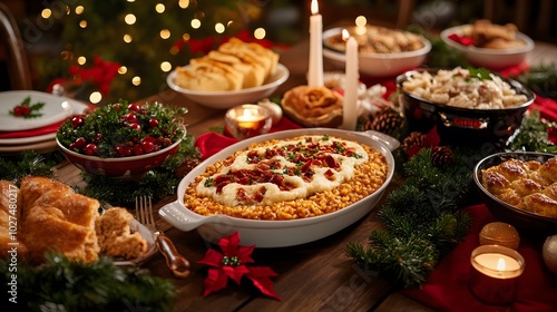 A table set for a festive holiday meal with dishes of mashed potatoes, bread, and other holiday favorites. photo