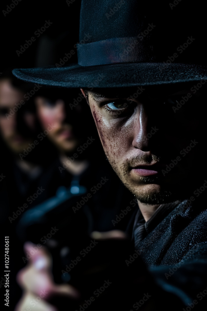 A dramatic photo of a man in a black hat holding a gun, standing in front of a group of men. A dramatic photo of a man in a black hat holding a gun, standing in front of a group of men.