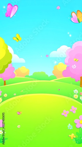A green grassy meadow with trees, flowers, and butterflies against a bright blue sky.