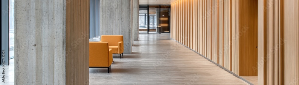 Fototapeta premium Modern interior design, long hallway with yellow chair and wooden wall minimalist home decor inspiration