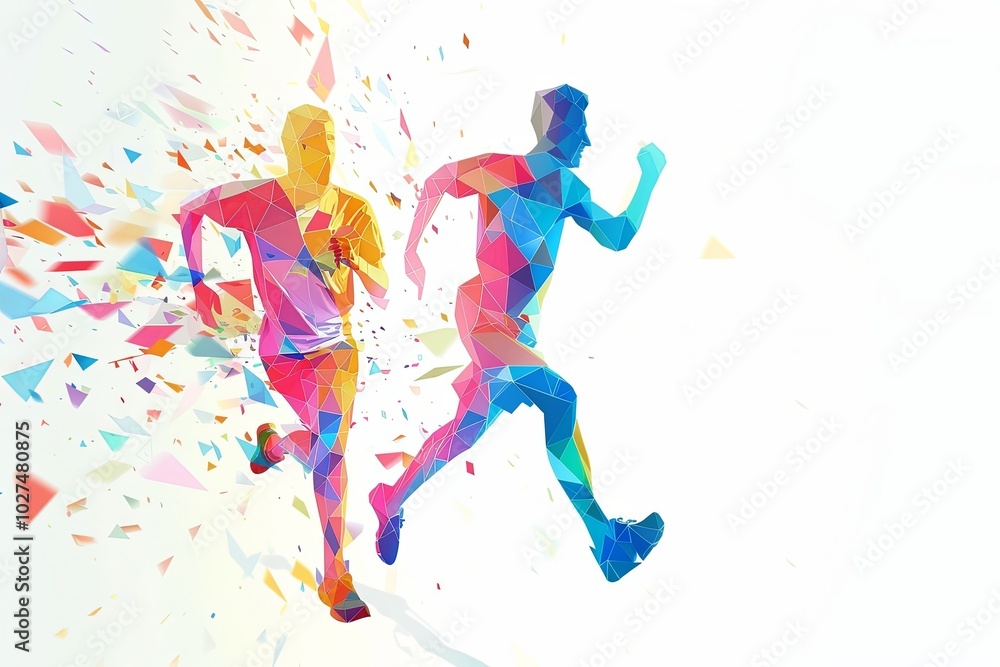 Two runners in a colorful geometric style, running on a white background. Two runners in a colorful geometric style, running on a white background.