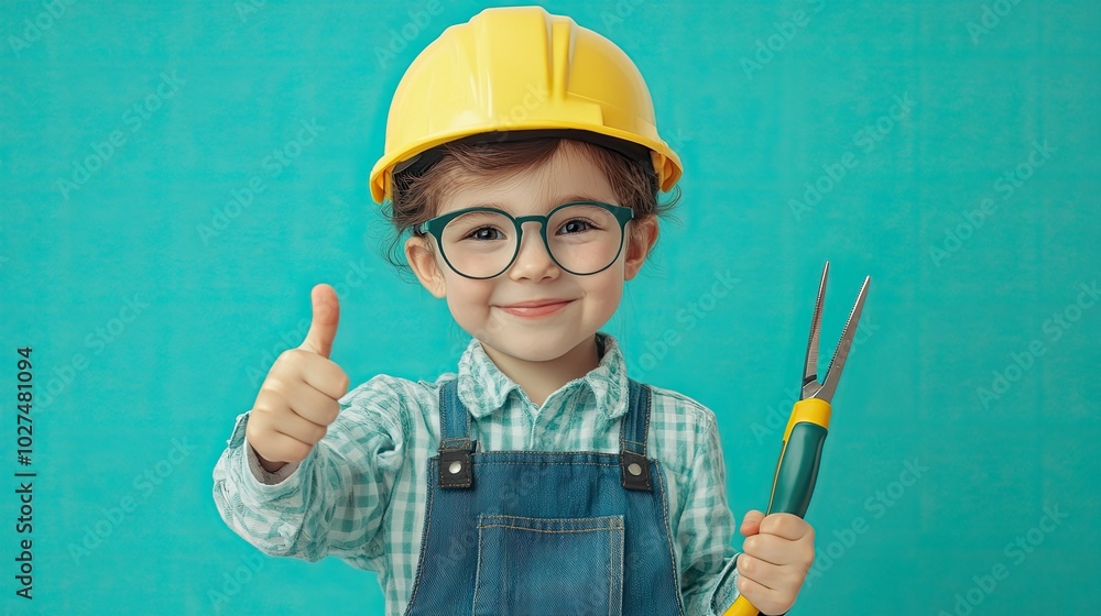 Cute Little Worker Child with Tools and Yellow Helmet Cute Little Worker Child with Tools and Yellow Helmet