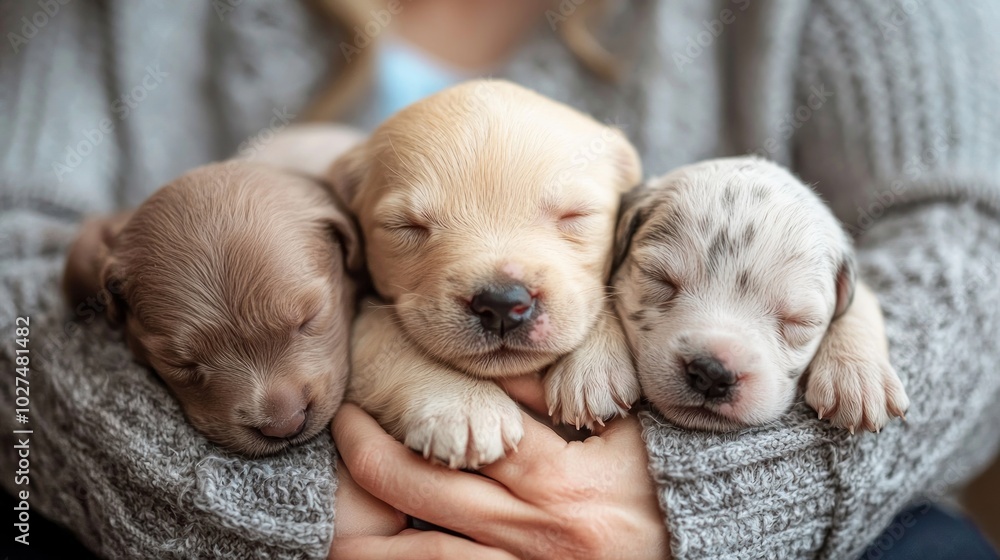 a dog breeder caring for newborn puppies, symbolizing life and nurturing a dog breeder caring for newborn puppies, symbolizing life and nurturing
