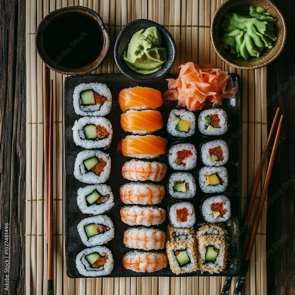 Beautifully arranged tuna sushi roll set on a leaf, with ginger and wasabi, on a sleek black surface Beautifully arranged tuna sushi roll set on a leaf, with ginger and wasabi, on a sleek black surface