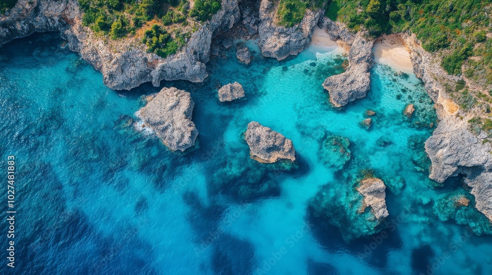 Fototapeta premium A stunning aerial view of a turquoise beach with rugged rock formations, crystal-clear blue waters, surrounded by lush green vegetation, yearning serenity and escape.
