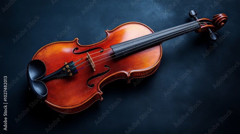 Fototapeta premium A beautifully crafted classic violin rests on a dark textured surface, showcasing its rich wooden finish and fine craftsmanship, evoking elegance and timeless music.
