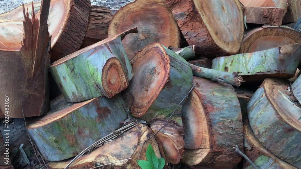 Trunks Slice Stack of freshly cut tree trunks in a forest, showcasing natural wood ...