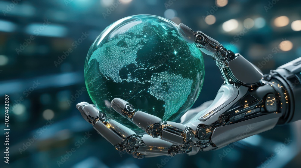 A robotic hand holds a glowing green globe of Earth against a dark digital background, symbolizing technology and sustainability A robotic hand holds a glowing green globe of Earth against a dark digital background, symbolizing technology and sustainability