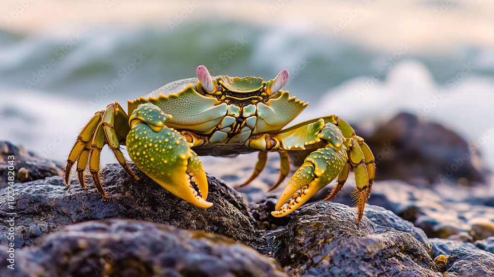 A photo of a green crab on a rocky beach, positioned next to the ocean. A photo of a green crab on a rocky beach, positioned next to the ocean.