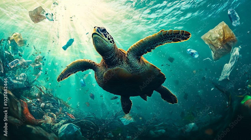 Obraz premium A realistic depiction of a turtle swimming in the ocean, surrounded by various types of trash, such as plastic bottles, bags, and fishing nets.