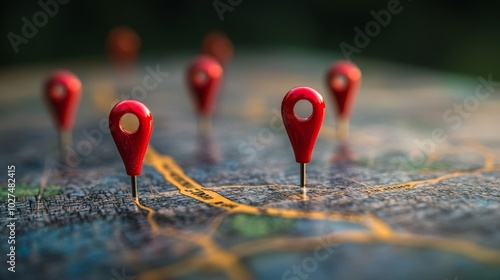 Several red pins strategically placed on a detailed map, signifying diverse and important global locations, symbolizing travel, exploration, and mapping. photo