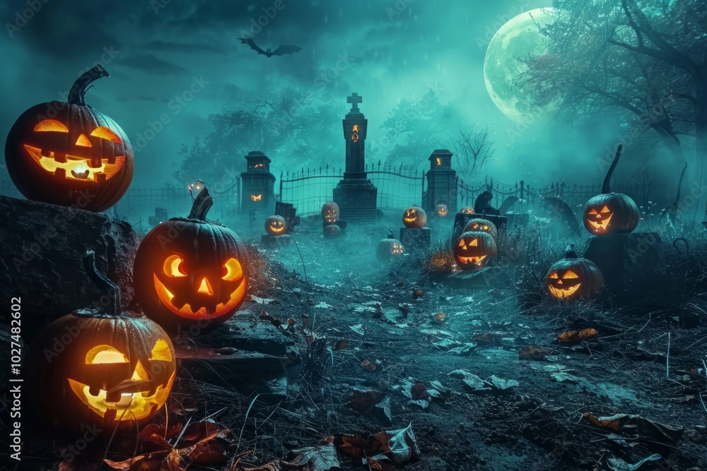 A cemetery is lit up with Halloween pumpkins A cemetery is lit up with Halloween pumpkins