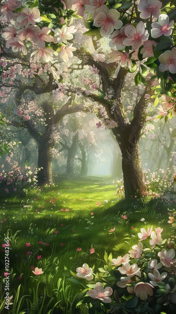 Naklejka premium A beautiful painting of a forest with pink flowers and trees