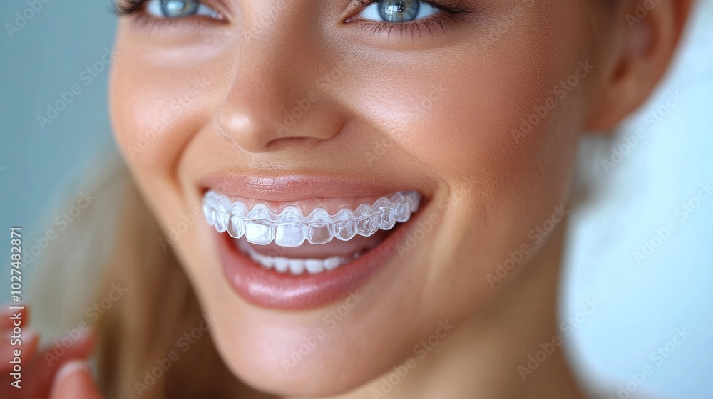 A close-up image of a smiling woman wearing shiny clear aligners, emphasizing dental care, oral health, and the perfect, bright smile she possesses. A close-up image of a smiling woman wearing shiny clear aligners, emphasizing dental care, oral health, and the perfect, bright smile she possesses.