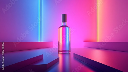 A clear bottle stands amidst vibrant neon lighting and reflections, creating a dynamic and colorful scene with strong contrast and modern allure. photo