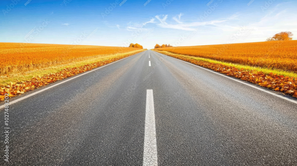 Naklejka premium Autumnal Road with Golden Fields and Crisp Blue Sky