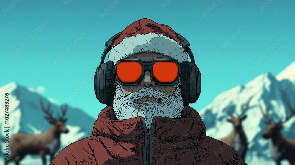 Santa wearing noise canceling headphones stands confidently against snowy mountain backdrop, embodying modern twist on classic figure. His vibrant sunglasses and headphones add unique flair to Santa wearing noise canceling headphones stands confidently against snowy mountain backdrop, embodying modern twist on classic figure. His vibrant sunglasses and headphones add unique flair to