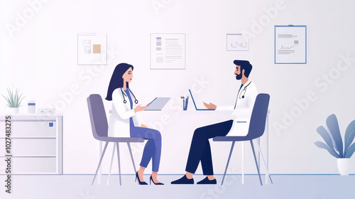 A minimalist, modern doctor's office with clean white walls, simple furniture, and sleek digital medical tools, where a healthcare professional and patient discuss reproductive health in a calm