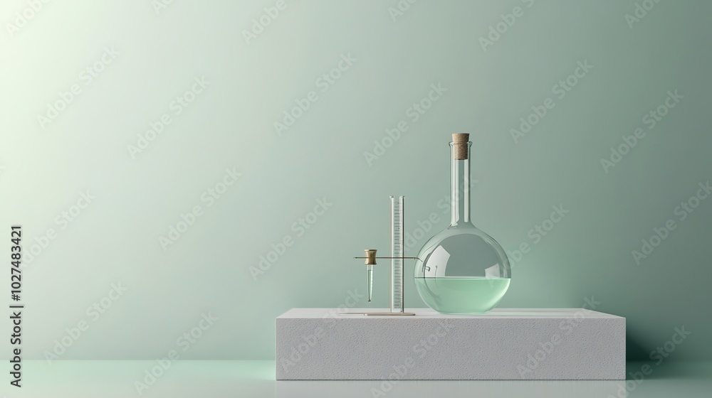 Modern Laboratory Setup with Glassware and Green Background Modern Laboratory Setup with Glassware and Green Background