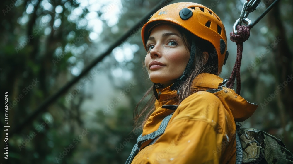 A woman wearing an orange helmet and jacket is adventurously exploring a lush forest, harnessed to a rope, showcasing her bravery and love for nature's beauty. A woman wearing an orange helmet and jacket is adventurously exploring a lush forest, harnessed to a rope, showcasing her bravery and love for nature's beauty.