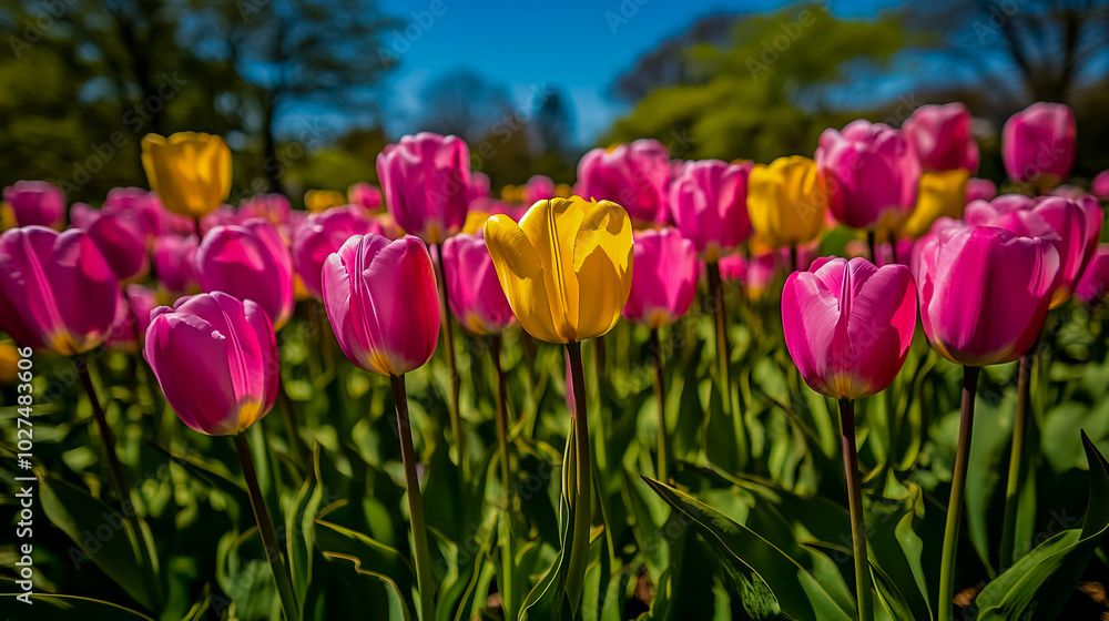 Fototapeta premium A vibrant field filled with blooming pink and yellow tulips.