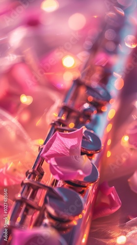 A silver instrument with pink flowers on it