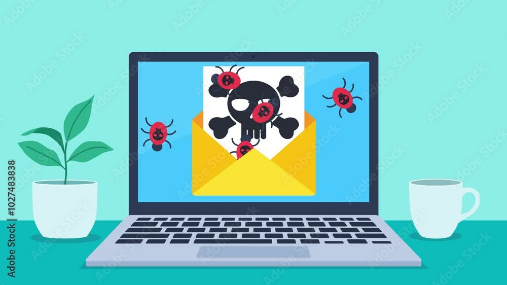 On the laptop screen there is an e-mail from which computer worms come out when opened. Ronbaks infect the laptop's operating system with a virus. On the screen there is only a black skull on a red bg On the laptop screen there is an e-mail from which computer worms come out when opened. Ronbaks infect the laptop's operating system with a virus. On the screen there is only a black skull on a red bg