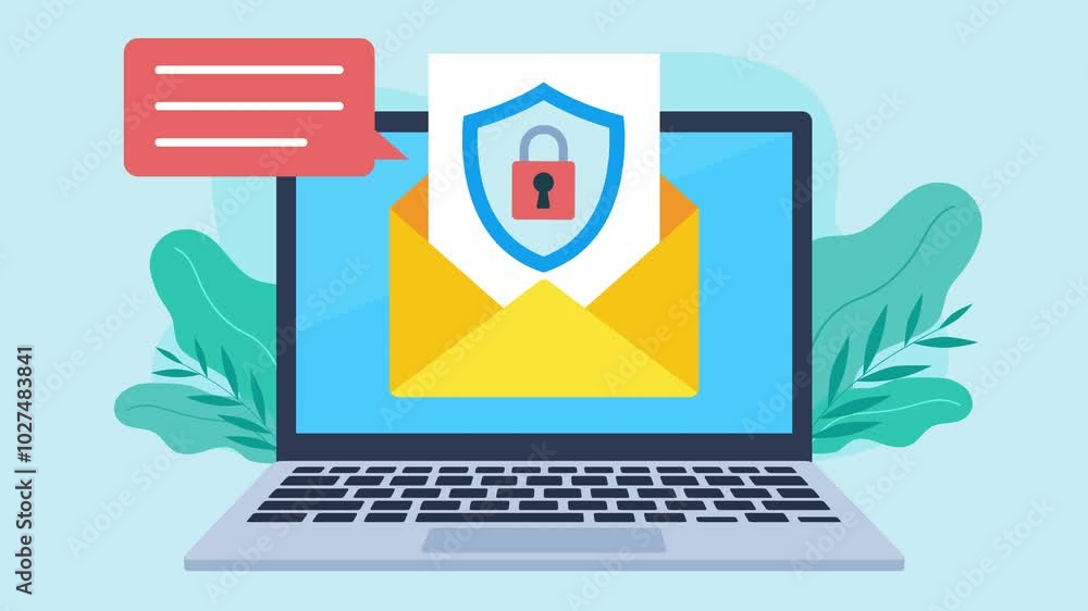E-mail with a document on a laptop screen. The email opens. The document is protected by a shield. Dosep is blocked. A comment bubble appears next to it. Flat design animation. E-mail with a document on a laptop screen. The email opens. The document is protected by a shield. Dosep is blocked. A comment bubble appears next to it. Flat design animation.