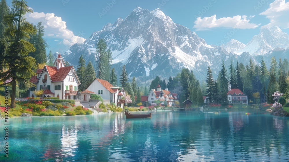 Naklejka premium A beautiful mountain landscape with a small village and a lake