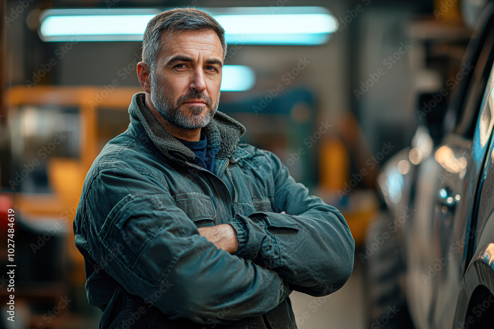 A man in a grey jacket stands in front of a car A man in a grey jacket stands in front of a car