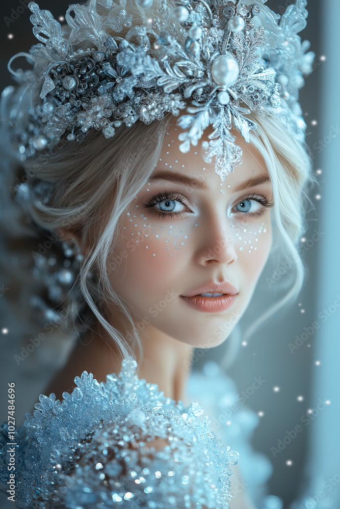 Ice queen with sparkling silver crown and wintry elegance Ice queen with sparkling silver crown and wintry elegance