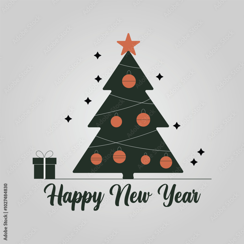 Happy New Year With Christmas Tree And Gift Box On Gray Background Happy New Year With Christmas Tree And Gift Box On Gray Background