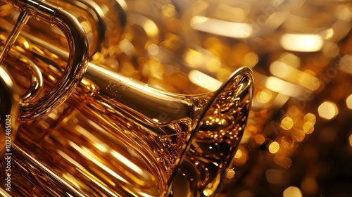 polished brass instruments in an orchestra, symbolizing music and tradition photo