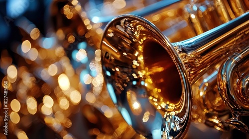 polished brass instruments in an orchestra, symbolizing music and tradition