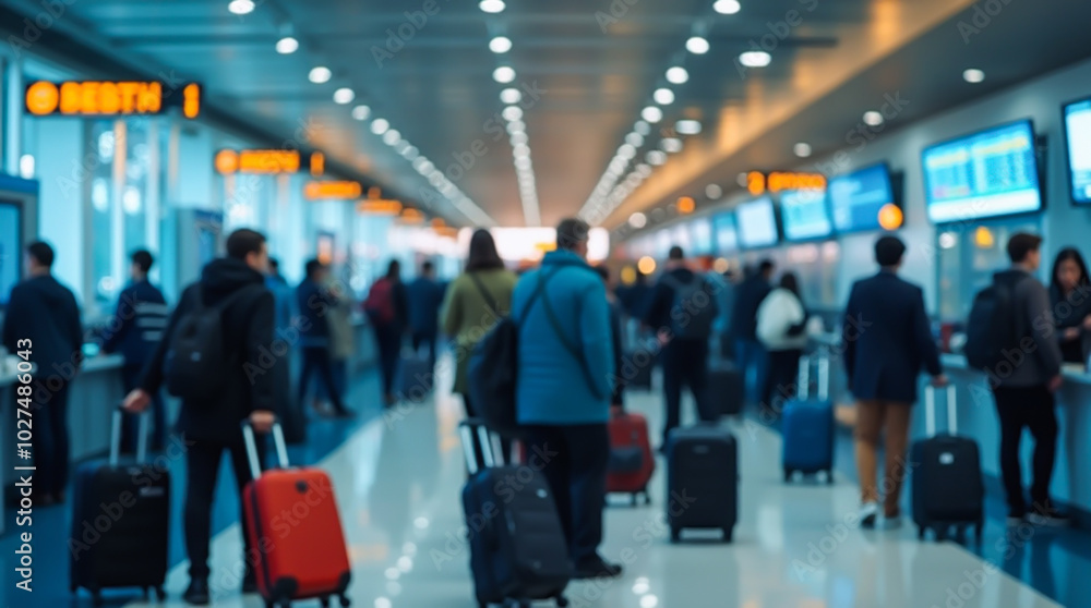 An interior view of an airport terminal, focusing on the movement and flow of passengers rushing to their flights An interior view of an airport terminal, focusing on the movement and flow of passengers rushing to their flights