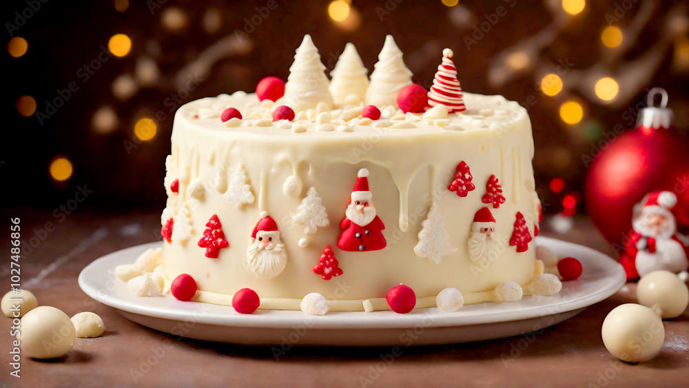 サンタクロースの飾りがついたホワイトチョコレートのデコレーションケーキ、クリスマス サンタクロースの飾りがついたホワイトチョコレートのデコレーションケーキ、クリスマス
