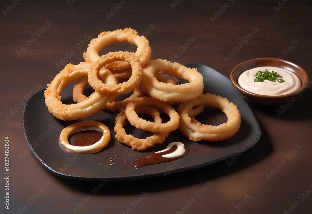 onion rings with ketchup in the black plate onion rings with ketchup in the black plate